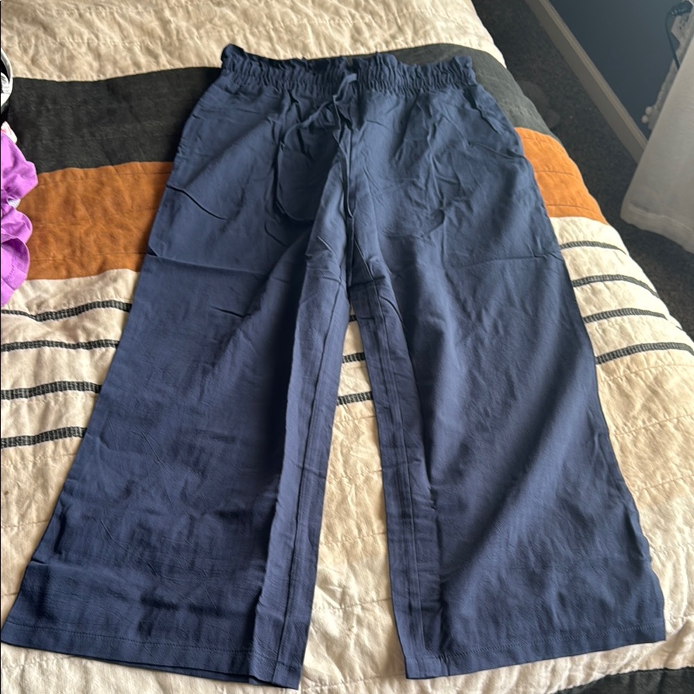 Navy Blue Wide Leg Linen Pants with Elastic Waistband